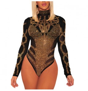 Women's jazz dance black khaki color bodysuits modern dance dj ds night club stage performance gogo dancers pole dance diamond leotards 