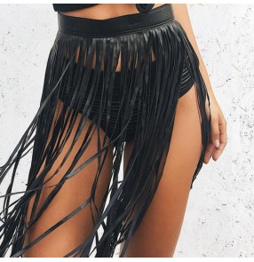 Women's jazz dance black leather fringes fashion night club dj hiphop dancing wrap skirts 