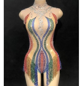 Women's jazz dance bodysuits bling rainbow diamond mesh fabric model show stage performance singers dj night club dancing jumpsuits