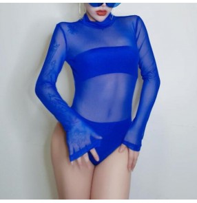 Women's jazz dance bodysuits singers royal blue see throug jumpsuits nigt club pole dance bar performing bodysuits tops 