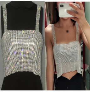 Women's jazz dance costumes stones bling tops vest female fashion silver gold hiphop singers gogo dancer stage performance vest tops