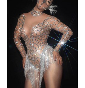 Women's jazz dance jumpsuits gogo dancers singers diamond tassels bodysuits Nightclub bar ds costume female dj suit gogo latin lead stage dance team sexy tassel rompers