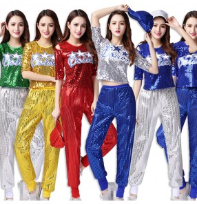 Women's jazz dance outfits girls growth paillette royal blue black red cheer leaders hiphop stage performance modern dance singers group dancers outfits 