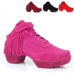 Women's jazz dance shoes wine pink black red genuine cow leather shoes upper soft rubber heel stage performance modern dance sneaker shoes