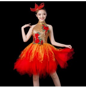 Women's jazz singers cocktail party dance dresses red gold black paillette moder dance gogo dancers photos dance studio cosplay dresses