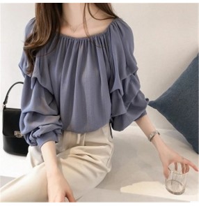 women's Korean style blue pink chiffon shirt women loose puff sleeve tops solid color suit base shirts for lady