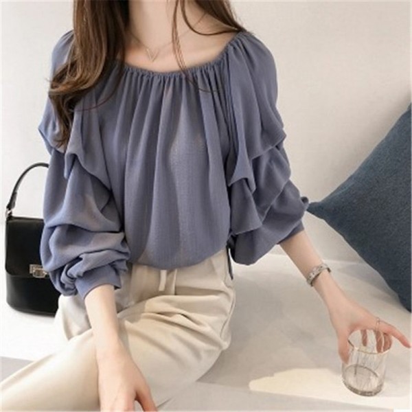 women's Korean style blue pink chiffon shirt women loose puff sleeve tops  solid color suit base shirts for lady