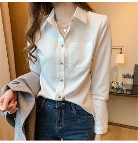 Women's Korean style white dress shirt office lady work blouses commuter professional bottoming lapel long sleeve shirt women