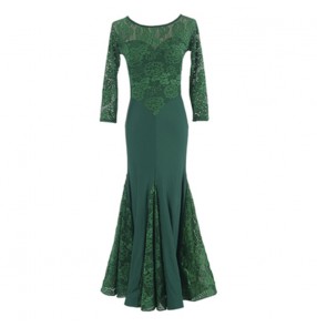 Women's lace ballroom dance dresses dark green blue Modern national standard dancer three-quarter sleeve ballroom dance round neck lace waltz practice dress