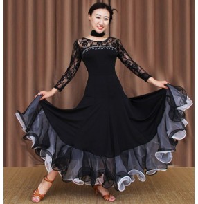 Women's lace ballroom dancing dresses female flamenco dress lace long sleeves bling competition stage performance waltz tango dance dresses