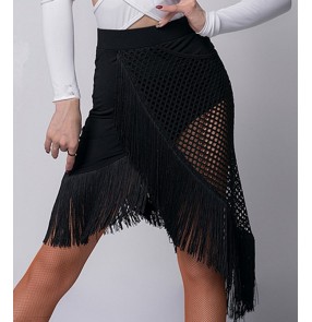 Women's lace black tassels latin dance skirts salsa rumba chacha dance skirts modern dance costumes