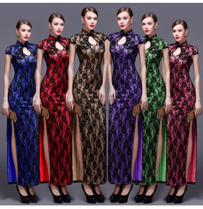 Women's lace chinese dresses qipao dresses traditional cheongsam dresses host singers stage performance miss etiquette dress