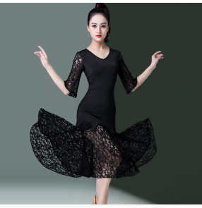 Women's lace latin dance dresses black colored stage performance competition rumba samba salsa chacha dance dress skirts