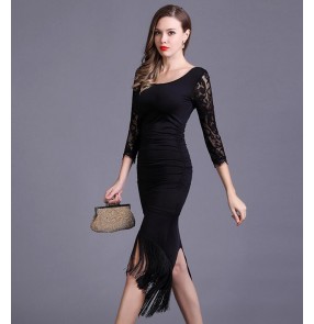 Women's lace long sleeves latin dance dresses female stage performance rumba samba chacha dance dresses