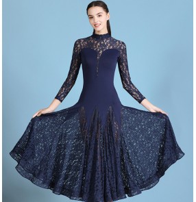 Women's lace navy ballroom dancing dresses yellow waltz tango dance dresses costumes