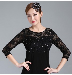 Women's lace rhinestones black ballroom latin dance tops long sleeves salsa rumba chacha dance tops