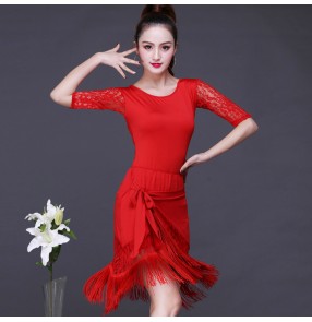 Women's lace tassels latin dance dresses rumba samba chacha salsa dance dresses costumes