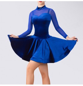 Women's lady dark green royal blue black velvet latin dress ballroom dancing dresses salsa chacha performance dance dress