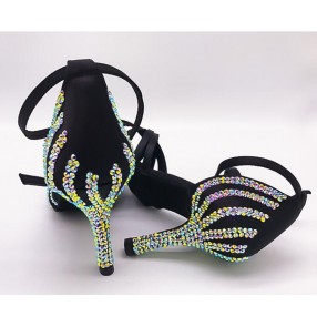 Women's latin ballroom competition dance shoes handmade rhinestones latin stage performance shoes for female 8.5cm heel height