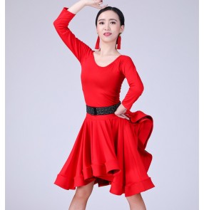 Women's latin ballroom dance dresses red black stage performance salsa rumba chacha dance skirts costumes dress