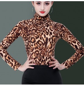 Women's latin ballroom dance tops leopard printed stage performance salsa rumba chacha dance blouse shirts tops 