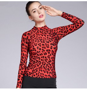 Women's latin ballroom dance tops long sleeves red brown leopard fashion stage performance chacha rumba samba dance blouses 