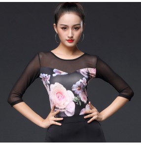 Women's latin ballroom dance tops Magliette latino da donna rose floral printed flamenco waltz tango dance blouses shirts tops