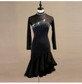 Women's latin ballroom dancing dresses Abito femminile latino rhinestones long sleeves ruffles irregular hem skirts chacha rumba samba dancing dress dancewear