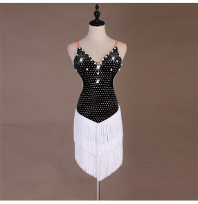 Women's latin dance dress black with white tassels rhinestones professional salsa rumba samba dance skirts dress