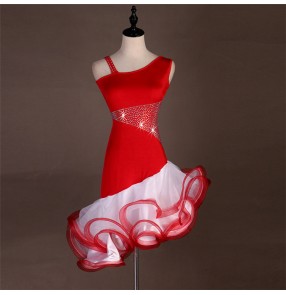 Women's latin dance dress female women girls competition red with white rumba chacha salsa dance skirt dresses