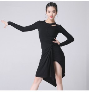 Women's latin dance dresses black brown long sleeves practice stage performance professional salsa chacha dancing skirts