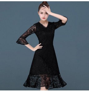 Women's latin dance dresses black lace long sleeves for girls female salsa chacha rumba dance skirts