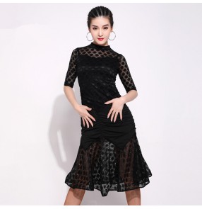 Women's latin dance dresses black lace samba chacha salsa dance skirts costumes dresses