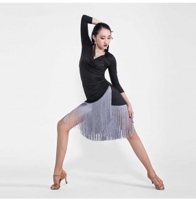 Women's latin dance dresses black with grey fringes fashion stage performance salsa chacha dance dress skirt for girls 