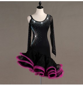 Women's latin dance dresses black with pink female rhinestones competition stage performance salsa rumba chacha dance skirt dresses