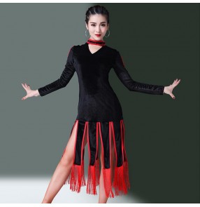 Women's latin dance dresses black with red fringes velvet long sleeves competition rumba chacha salsa dance dress dance wear skirt