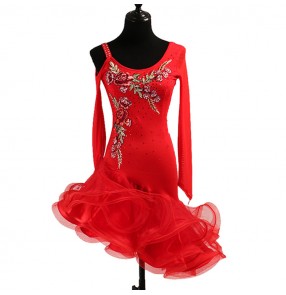Women's latin dance dresses for female girls red color stage performance rumba salsa chacha dance dress skirts