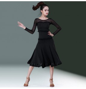 Women's latin dance dresses girl's black colored competition stage performance professional salsa rumba chacha dance costumes skirts dress