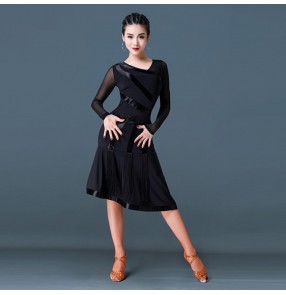 Women's latin dance dresses girls black tassels competition stage performance rumba salsa chacha dance dresses for female 