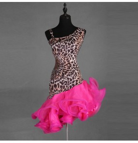 Women's latin dance dresses leopard with orange pink female girls rumba chacha salsa dance dresses skirts