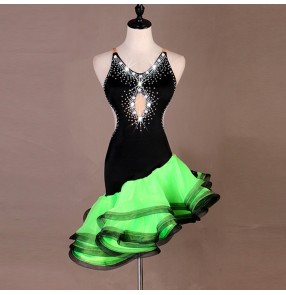Women's latin dance dresses rhinestones green with black pink colored female competition girls rumba chacha salsa dance dresses