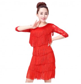 Women's latin dance dresses stage performance competition tassels rumba chacha samba dance tops and skirts costumes