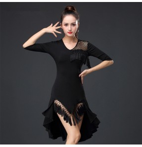 Women's latin dance dresses tassels girls black colored competition stage performance professional samba chacha dance skirts dresses