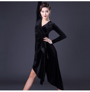 Women's latin dance dresses v neck velvet long sleeves black salsa rumba chacha dancing costumes