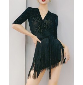 Women's Latin dance leopard velvet fringe dress side split salsa chacha dance  practice clothes practice art test performance dress