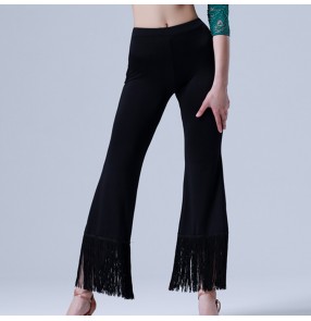 Women's latin dance pants black colored tassels ballroom chacha samba salsa dance trousers 