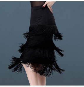 Women's latin dance skirt for girls black tassels stage performance competition salsa rumba chacha dance skirts