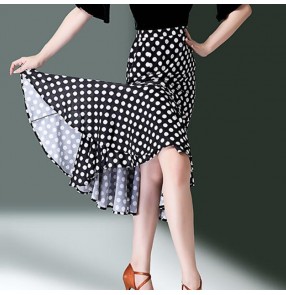 Women's latin dance skirt girls black with white polka dot modern dance salsa chacha rumba stage performance irregular hem skirts