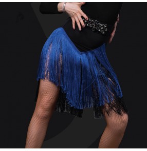 Women's latin dance skirts royal blue with black tassels modern rumba samba chacha dance leotards tassels skirts