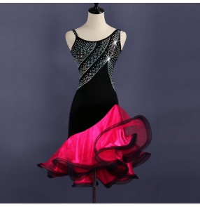 Women's latin dancing dresses pink with black patchwork samba salsa chacha rumba dancing dresses rhinestones stage performance professional skirts